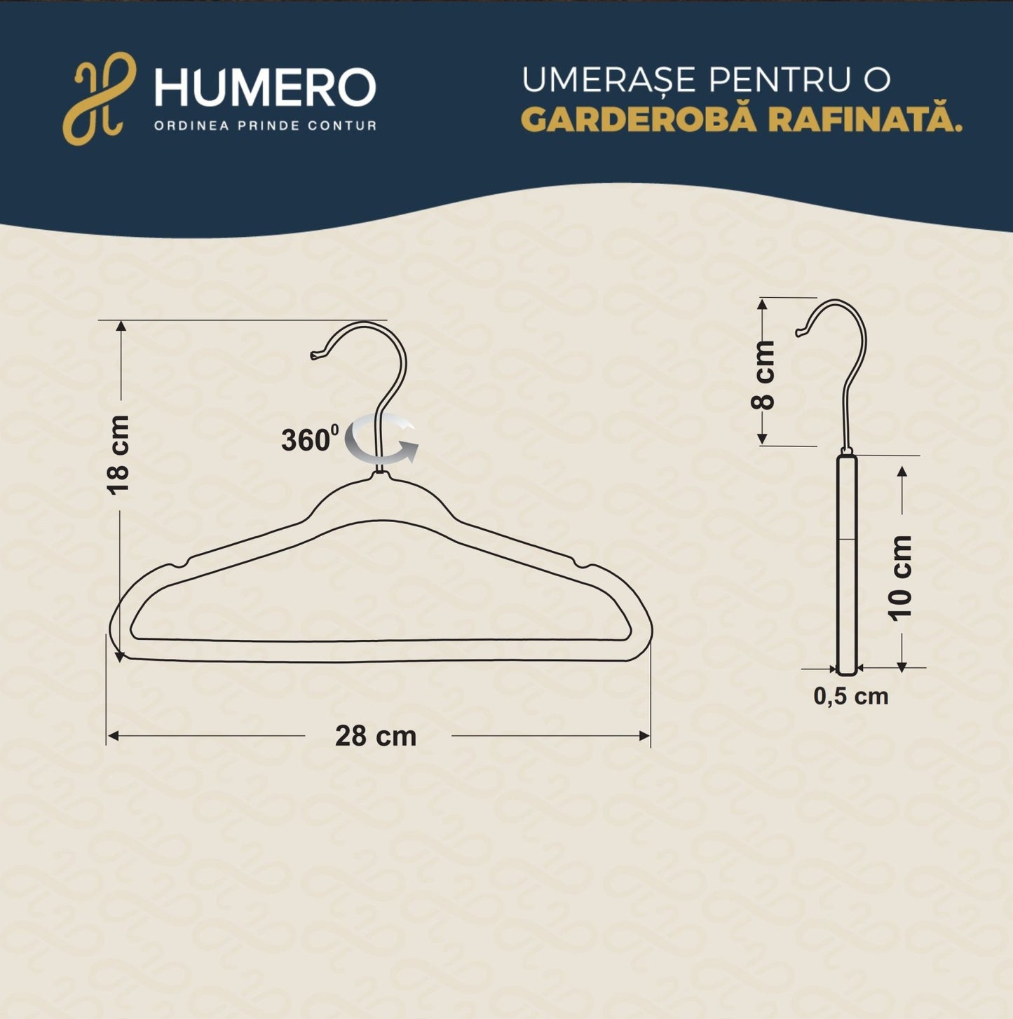 Umeraș antialunecare pentru copii acoperit cu catifea gri, bară pentru pantaloni - ideal pentru rochii, fuste, pantaloni, bluze și tricouri - HUMERO