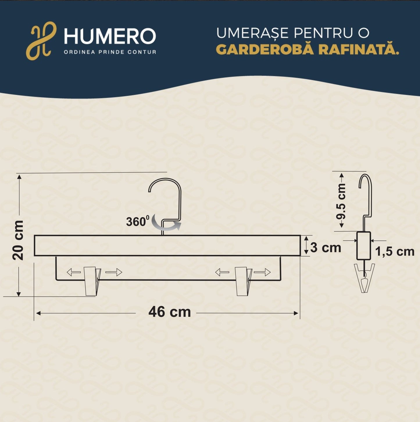 Umeraș lat pentru pantaloni din lemn natur cu clipsuri metalice - ideal pentru pantaloni și fuste - HUMERO