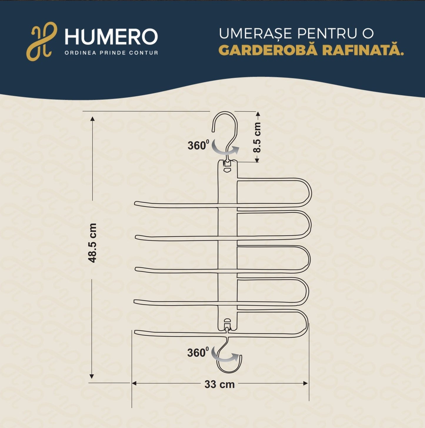 Umeraș pliabil din lemn natur cu 5 brațe - ideal pentru pantaloni și fuste - HUMERO