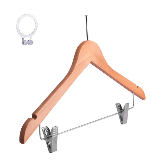 Umeraș hotelier din lemn natur cu cârlig antifurt și clipsuri metalice – ideal pentru cămăși, bluze, pantaloni, tricouri și rochii