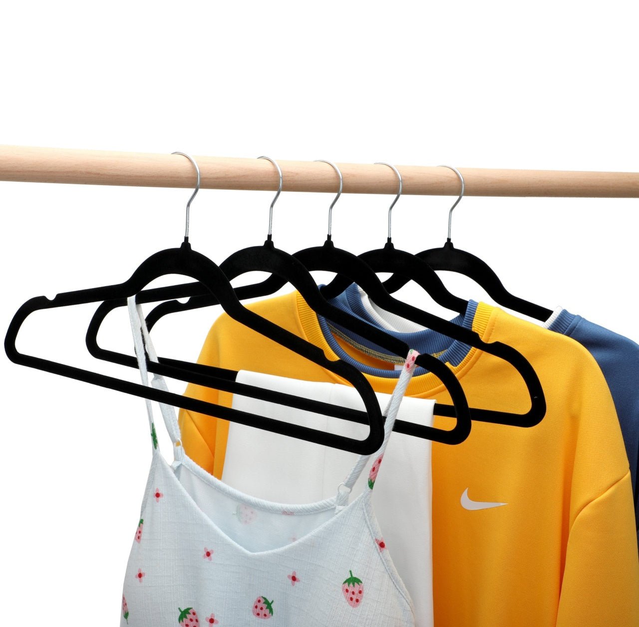 Umeraș antialunecare acoperit cu catifea neagră, cu bară pentru pantaloni - ideal pentru rochii, fuste, pantaloni, bluze și tricouri - HUMERO