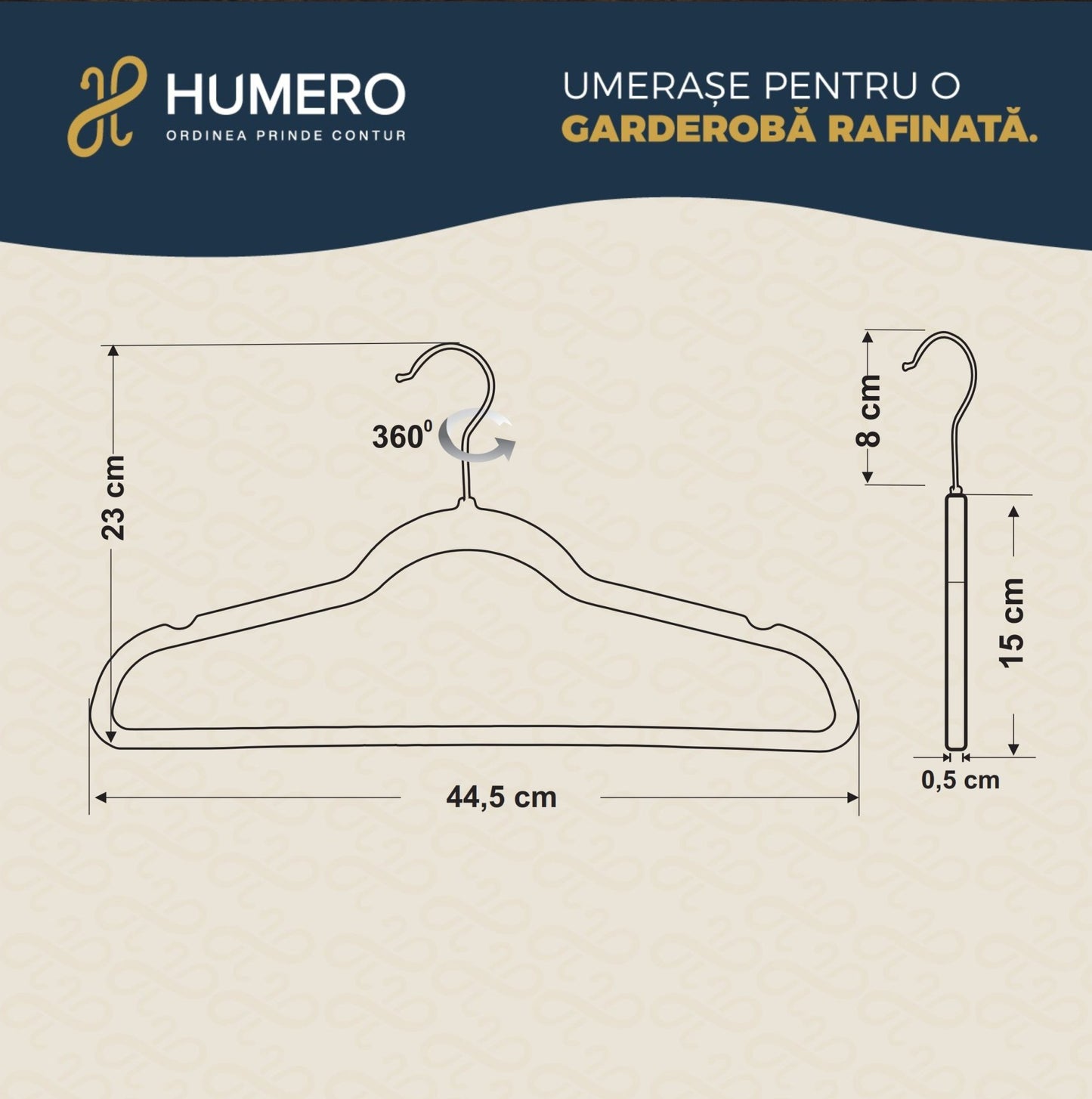 Umeraș antialunecare acoperit cu catifea neagră, cu bară pentru pantaloni - ideal pentru rochii, fuste, pantaloni, bluze și tricouri - HUMERO