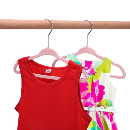 Umeraș antialunecare pentru copii acoperit cu catifea roz, bară pentru pantaloni - ideal pentru rochii, fuste, pantaloni, bluze și tricouri - HUMERO