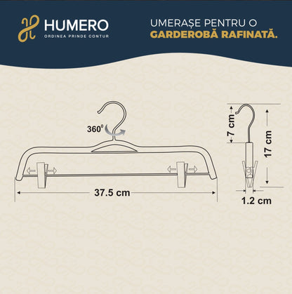 Umeraș compact din lemn natur cu clipsuri metalice pentru pantaloni - ideal pentru fuste și pantaloni - HUMERO