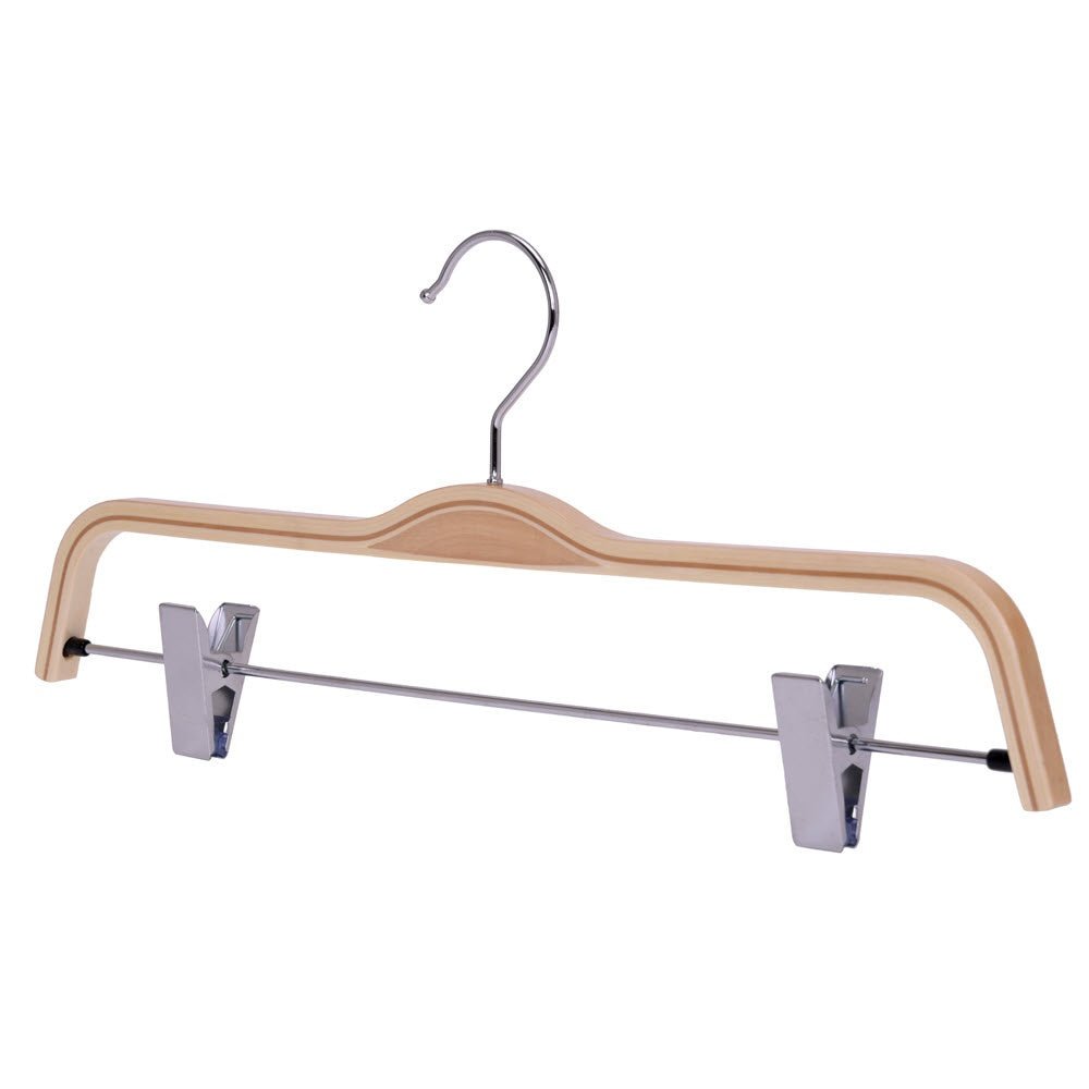 Umeraș compact din lemn natur cu clipsuri metalice pentru pantaloni - ideal pentru fuste și pantaloni - HUMERO
