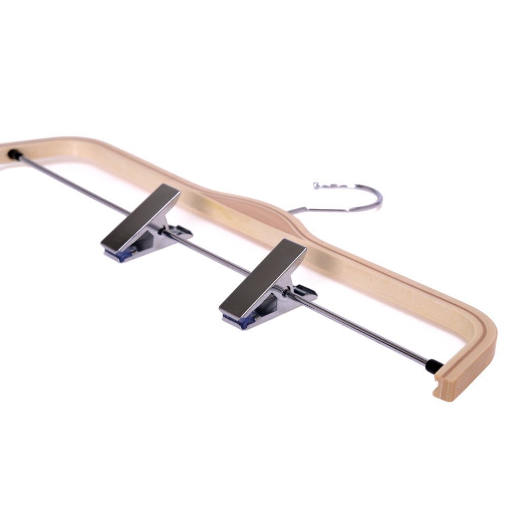 Umeraș compact din lemn natur cu clipsuri metalice pentru pantaloni - ideal pentru fuste și pantaloni - HUMERO