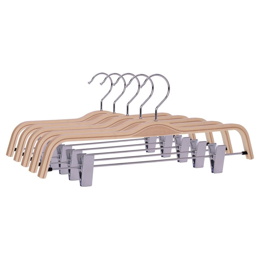 Umeraș compact din lemn natur cu clipsuri metalice pentru pantaloni - ideal pentru fuste și pantaloni - HUMERO