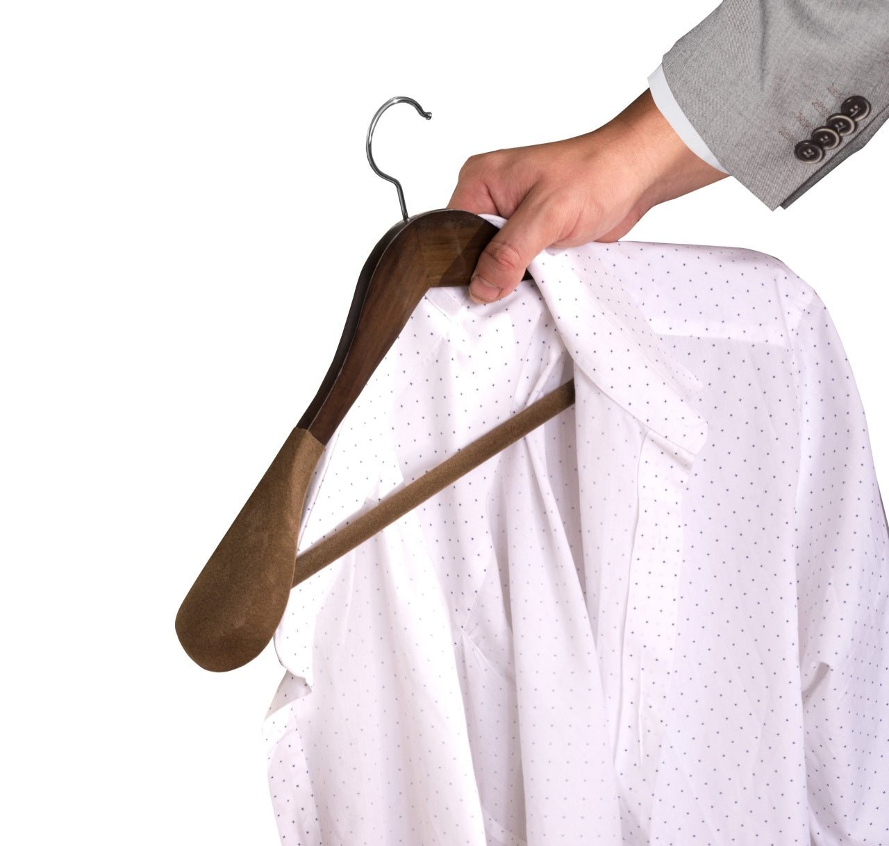 Umeraș cu umeri lați și design modern, antialunecare din lemn maro vintage cu cârlig metalic și bară pentru pantaloni - ideal pentru costume, sacouri, cămăși, bluze, jachete, paltoane, tricouri și pantaloni - HUMERO