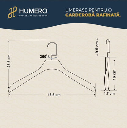 Umeraș de lux din lemn maro vintage cu cârlig rotativ, umeri lați și design modern - ideal pentru costume, sacouri, cămăși, bluze, jachete, paltoane și tricouri - HUMERO