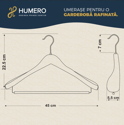 Umeraș de lux pentru costum din lemn masiv maro vintage cu umeri lați si bară pentru pantaloni - ideal pentru costume, sacouri, pantaloni, cămăși, tricouri, jachete și bluze - HUMERO
