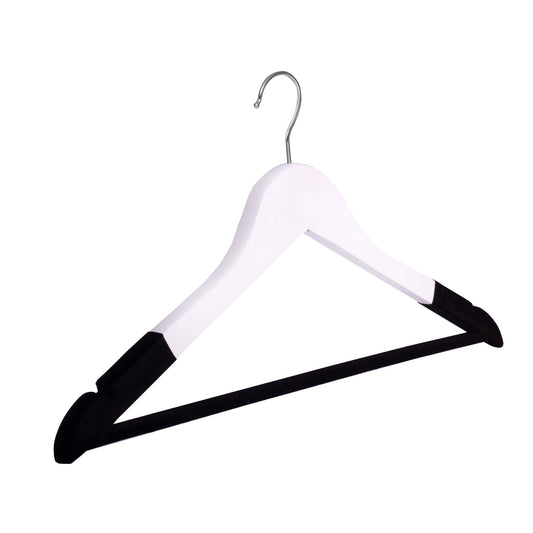 Umeraș din lemn, alb, cu finisaj vintage,bară pentru pantaloni și margini de catifea - ideal pentru cămăși, bluze, pantaloni, tricouri și rochii - HUMERO