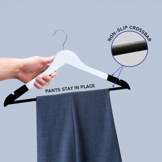 Umeraș din lemn, alb, cu finisaj vintage,bară pentru pantaloni și margini de catifea - ideal pentru cămăși, bluze, pantaloni, tricouri și rochii - HUMERO