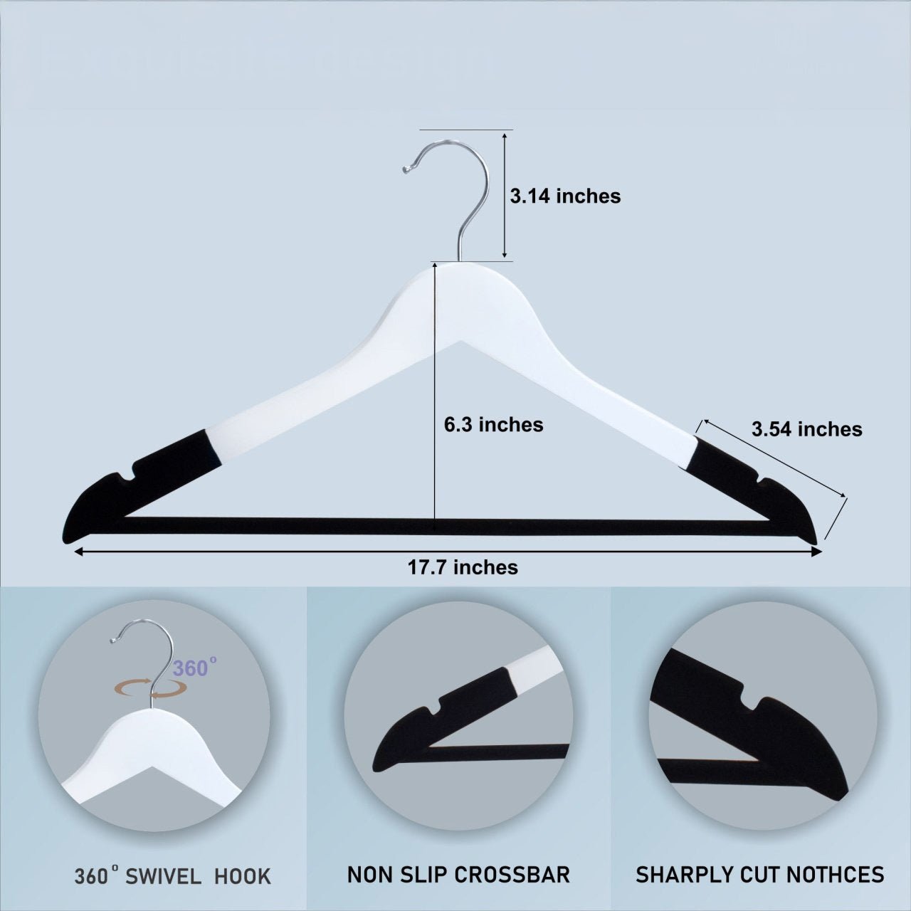 Umeraș din lemn, alb, cu finisaj vintage,bară pentru pantaloni și margini de catifea - ideal pentru cămăși, bluze, pantaloni, tricouri și rochii - HUMERO