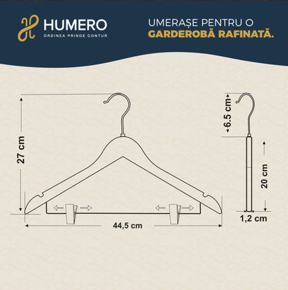 Umeraș din lemn de arțar natur cu clipsuri metalice - ideal pentru cămăși, bluze, pantaloni, tricouri și rochii - HUMERO