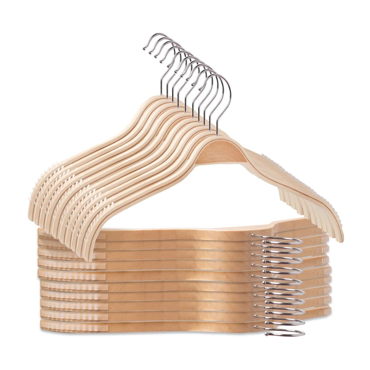 Umeraș din lemn natur cu margini din cauciuc anti - alunecare - ideal pentru cămăși, bluze, tricouri și rochii - HUMERO