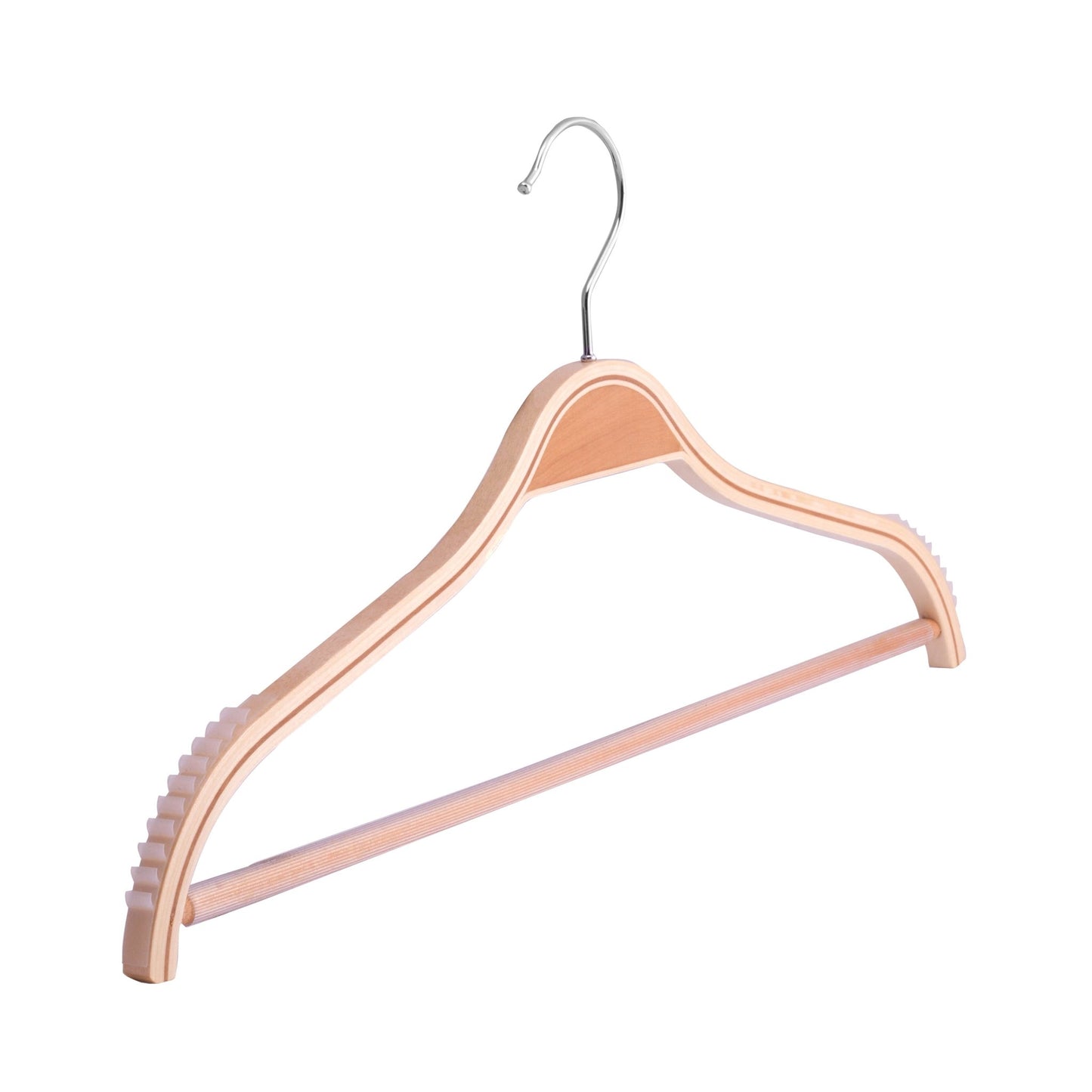 Umeraș din lemn natur cu margini din cauciuc anti - alunecare și bară pentru pantaloni - ideal pentru cămăși, bluze, pantaloni, tricouri și rochii - HUMERO