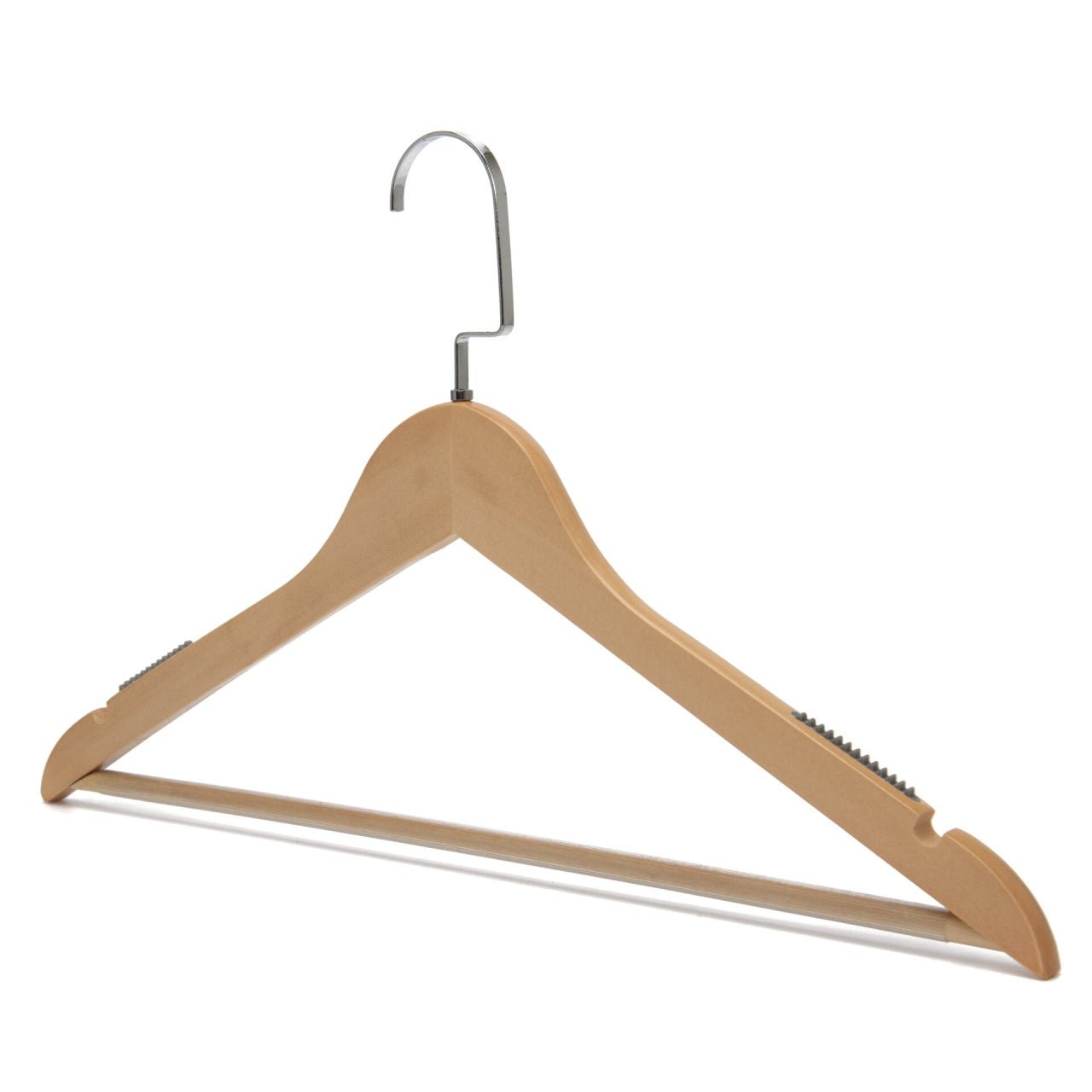 Umeraș din lemn natur cu striații antialunecare si bară pentru pantaloni - ideal pentru pantaloni, rochii, fuste, cămăși, bluze, jachete și tricouri - HUMERO