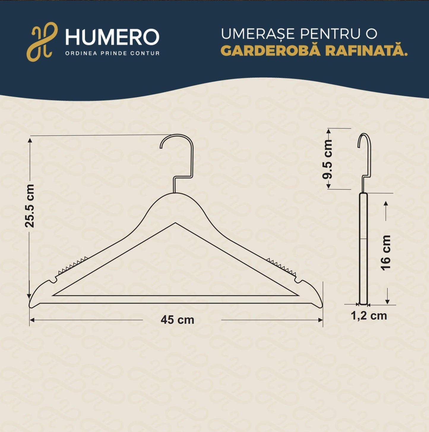 Umeraș din lemn natur cu striații antialunecare si bară pentru pantaloni - ideal pentru pantaloni, rochii, fuste, cămăși, bluze, jachete și tricouri - HUMERO