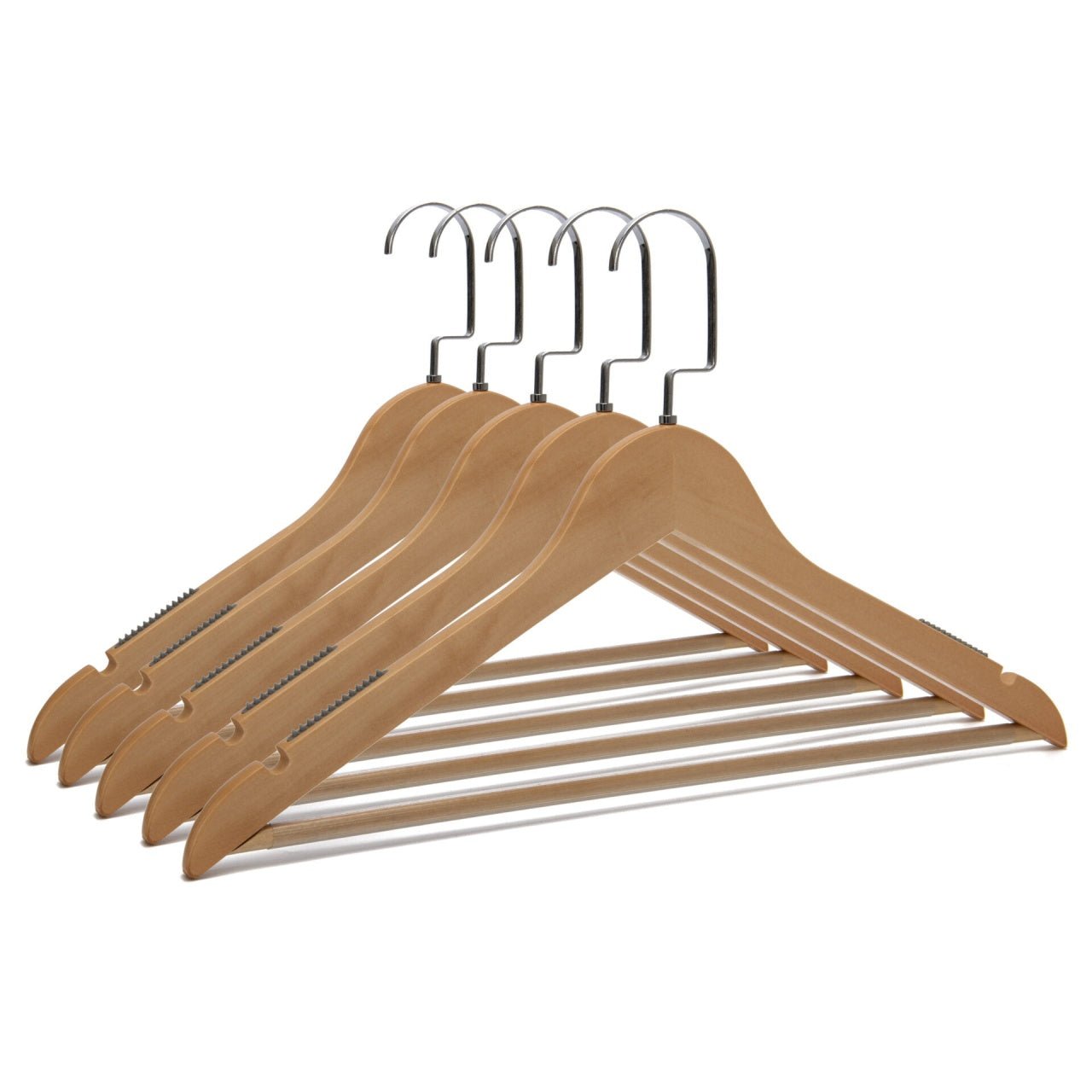 Umeraș din lemn natur cu striații antialunecare si bară pentru pantaloni - ideal pentru pantaloni, rochii, fuste, cămăși, bluze, jachete și tricouri - HUMERO