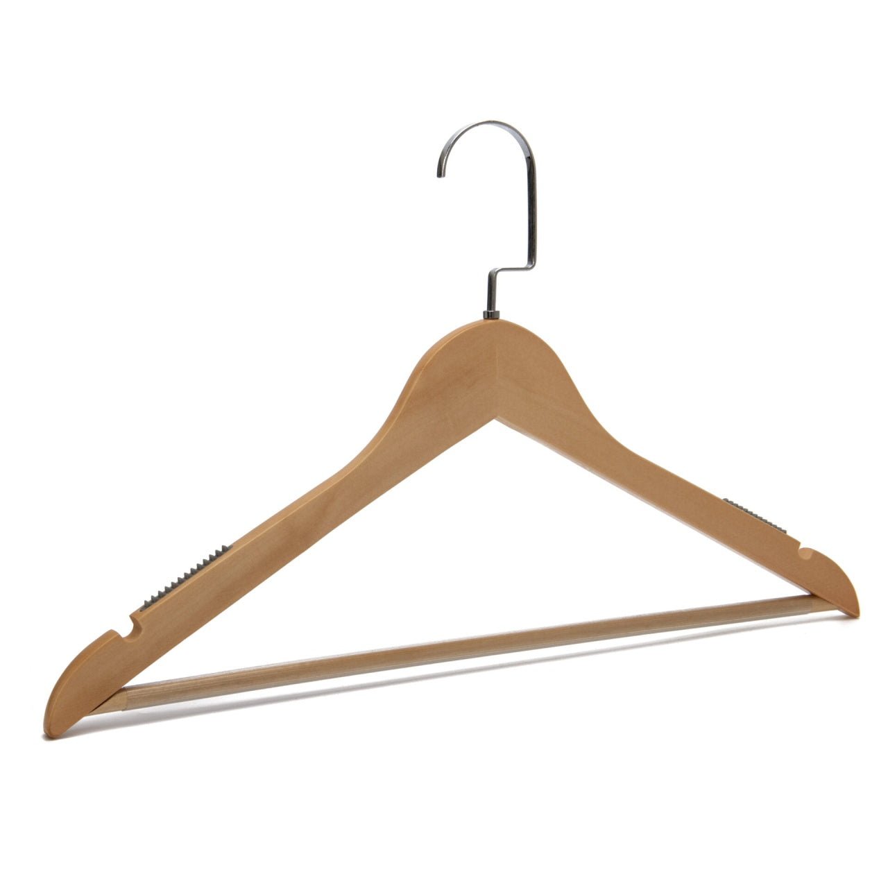 Umeraș din lemn natur cu striații antialunecare si bară pentru pantaloni - ideal pentru pantaloni, rochii, fuste, cămăși, bluze, jachete și tricouri - HUMERO