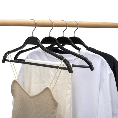 Umeraș din lemn negru cu margini din cauciuc anti - alunecare și bară pentru pantaloni - ideal pentru cămăși, bluze, pantaloni, tricouri și rochii - HUMERO