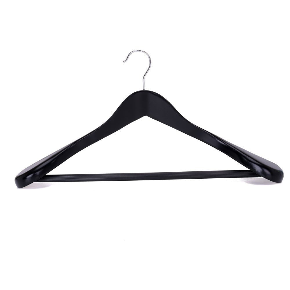 Umeraș din lemn negru cu umeri lați, bară pentru pantaloni și design modern - ideal pentru costume, sacouri, cămăși, bluze, pantaloni și tricouri - HUMERO