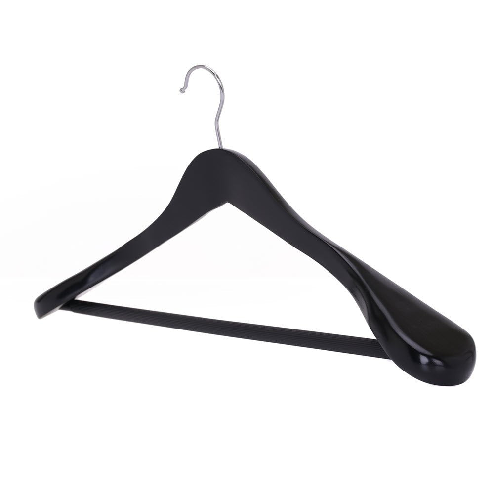 Umeraș din lemn negru cu umeri lați, bară pentru pantaloni și design modern - ideal pentru costume, sacouri, cămăși, bluze, pantaloni și tricouri - HUMERO