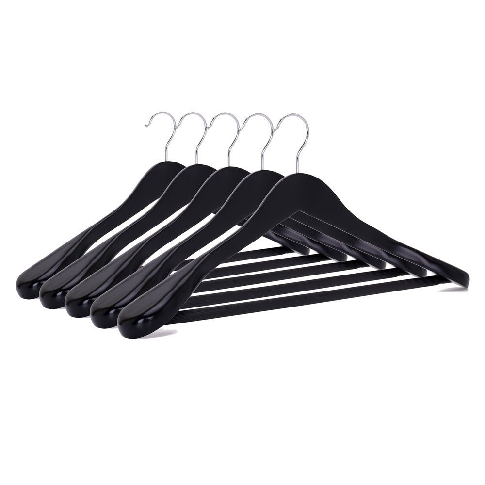 Umeraș din lemn negru cu umeri lați, bară pentru pantaloni și design modern - ideal pentru costume, sacouri, cămăși, bluze, pantaloni și tricouri - HUMERO