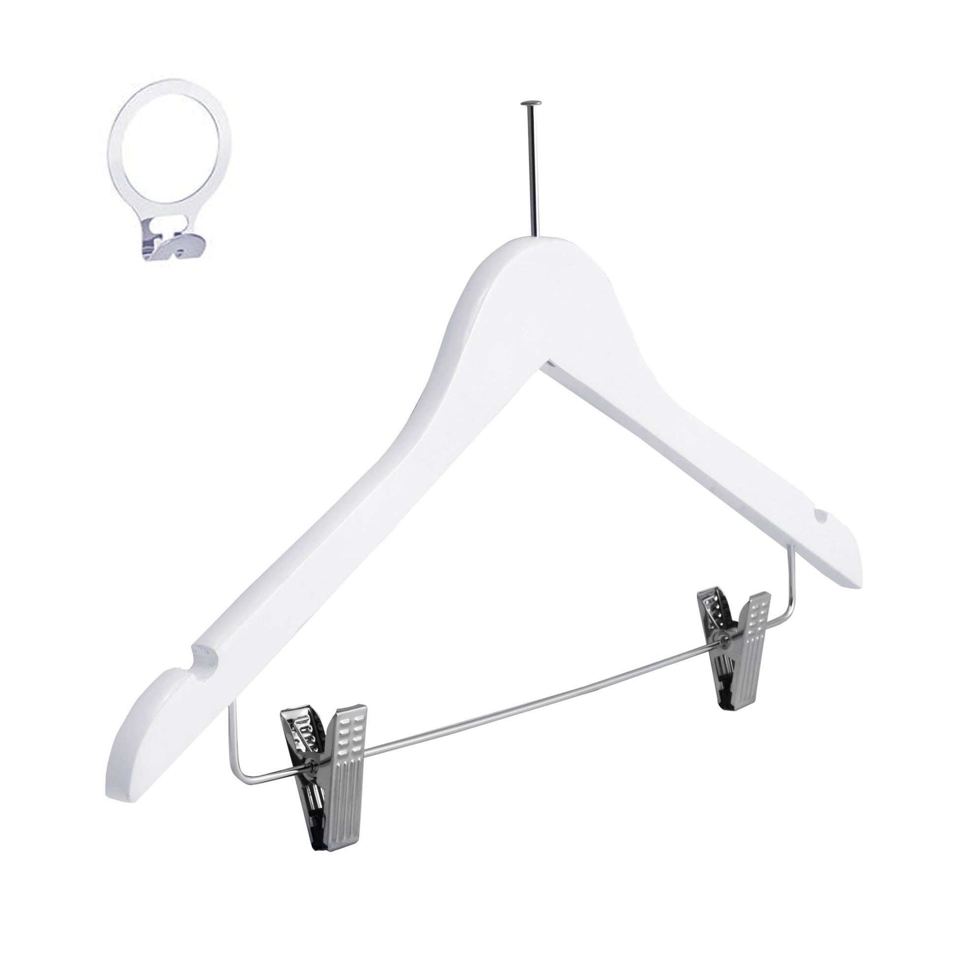 Umeraș hotelier din lemn alb cu cârlig antifurt și clipsuri metalice - ideal pentru cămăși, bluze, pantaloni, tricouri și rochii - HUMERO