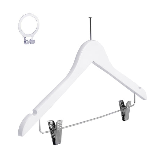 Umeraș hotelier din lemn alb cu cârlig antifurt și clipsuri metalice - ideal pentru cămăși, bluze, pantaloni, tricouri și rochii - HUMERO