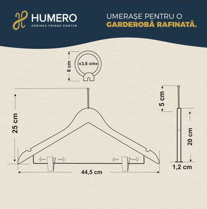 Umeraș hotelier din lemn alb cu cârlig antifurt și clipsuri metalice - ideal pentru cămăși, bluze, pantaloni, tricouri și rochii - HUMERO