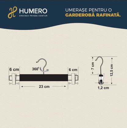 Umeraș lat pentru pantaloni din lemn negru cu clipsuri metalice - ideal pentru pantaloni și fuste - HUMERO