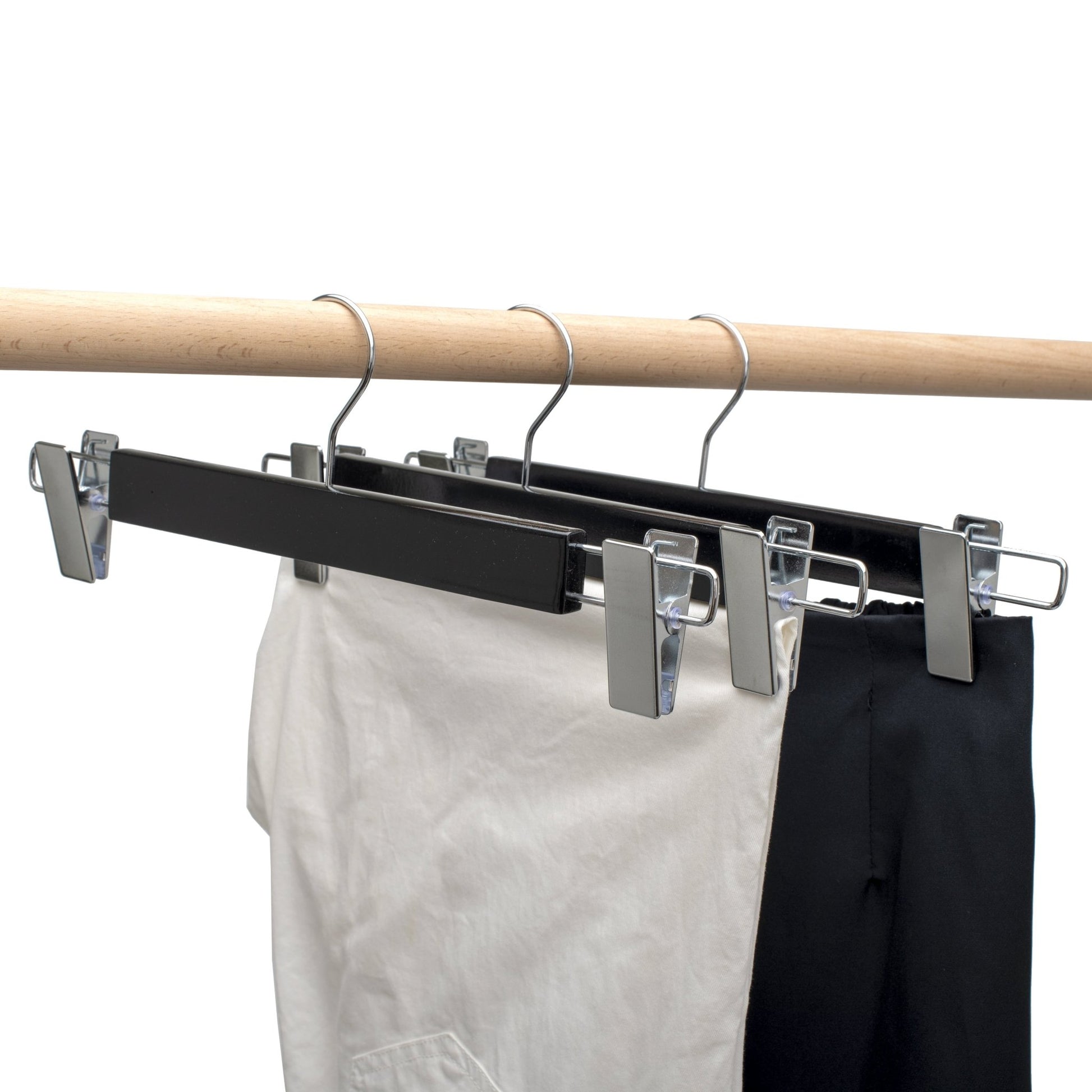 Umeraș lat pentru pantaloni din lemn negru cu clipsuri metalice - ideal pentru pantaloni și fuste - HUMERO