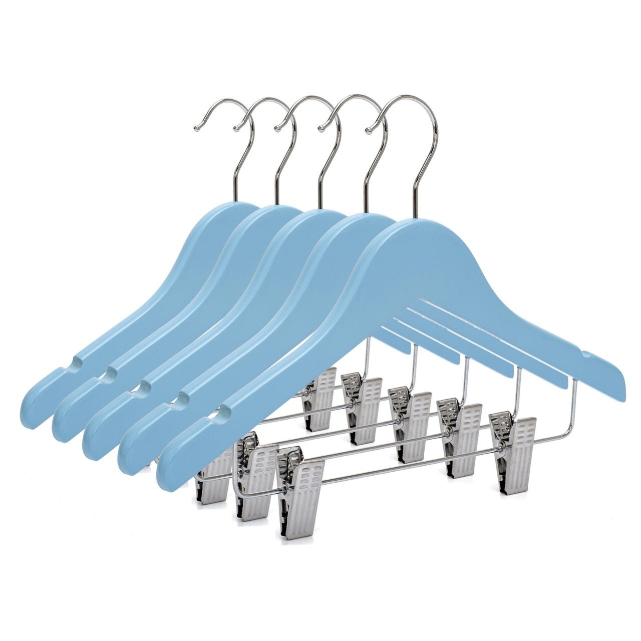 Umeraș pentru copii din lemn de arțar albastru cu clipsuri metalice pentru pantaloni - ideal pentru tricouri, bluze și pantaloni - HUMERO