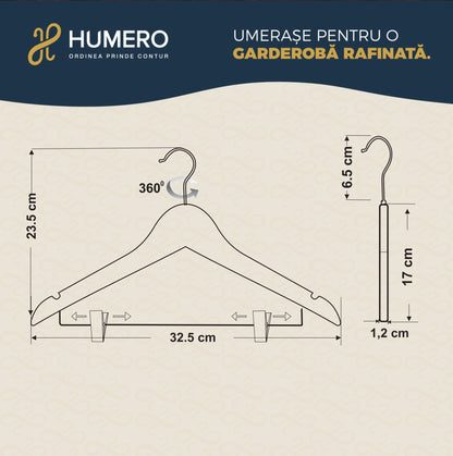 Umeraș pentru copii din lemn de arțar roz cu clipsuri metalice pentru pantaloni - ideal pentru tricouri, bluze și pantaloni - HUMERO