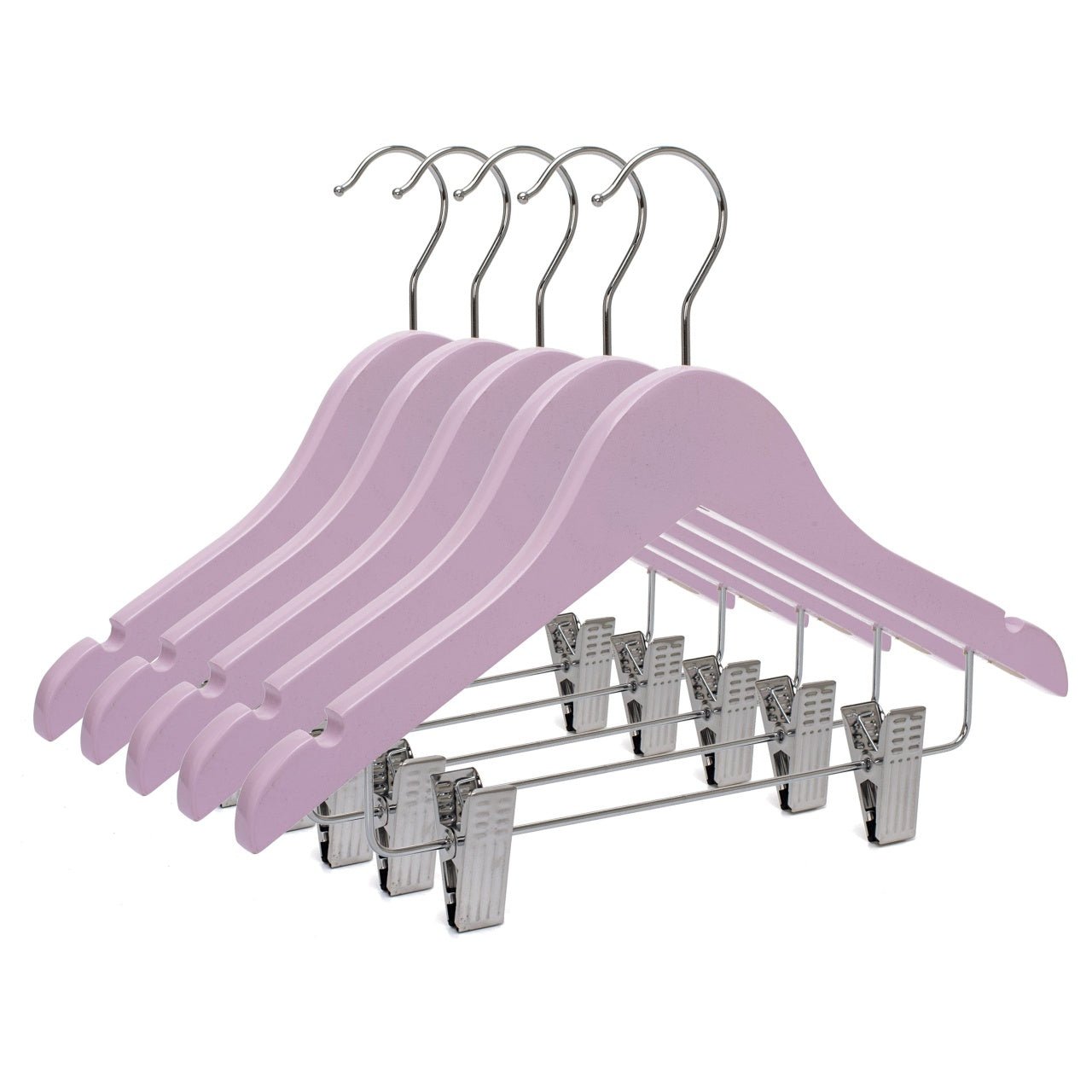 Umeraș pentru copii din lemn de arțar roz cu clipsuri metalice pentru pantaloni - ideal pentru tricouri, bluze și pantaloni - HUMERO