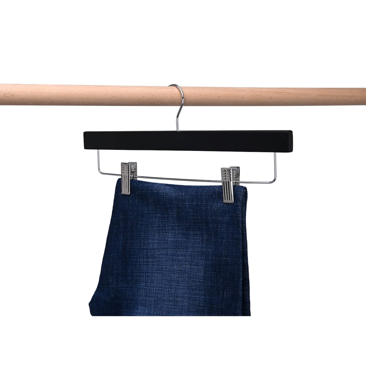 Umeraș pentru pantaloni din lemn negru cu clipsuri metalice - ideal pentru pantaloni și fuste - HUMERO