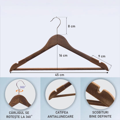 Umeraș din lemn cu finisaj vintage,bară pentru pantaloni și margini de catifea - pentru haine delicate